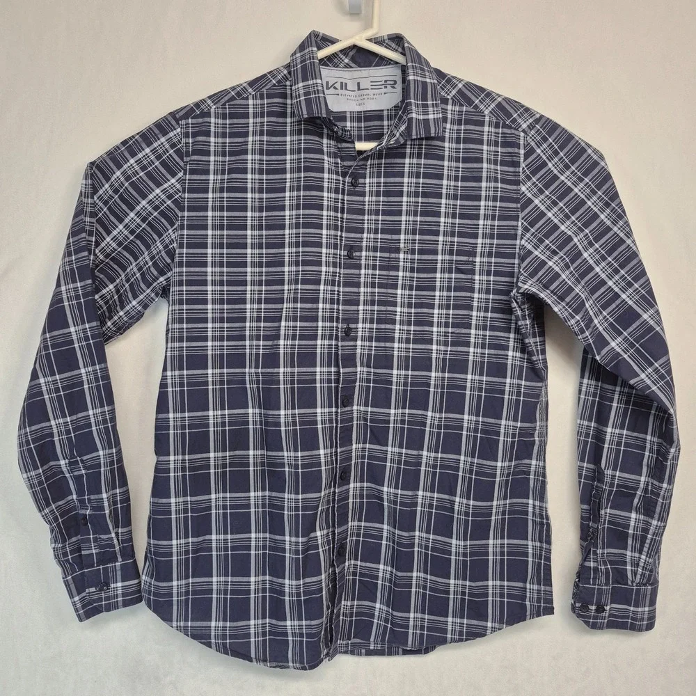 Killer Mens Navy Blue White Plaid Button Down Shirt Long Sleeve Cotton Large